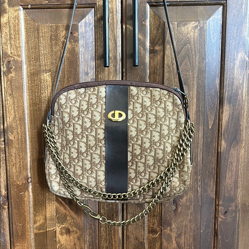 Christian Dior Brown and Black Monogram Shoulder Bag with Gold Chain